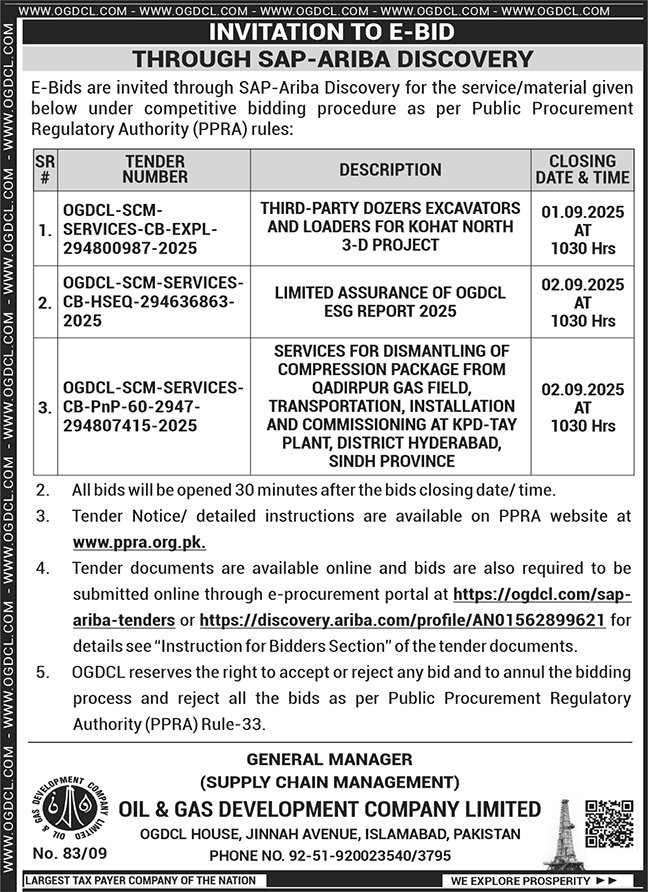 Oil & Gas Development Company Limited Islamabad Tender Notice
